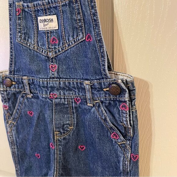 Oshkosh B'gosh Blue Jean Overalls with Pink Embroidered Hearts Girl's 3T - Picture 3 of 9